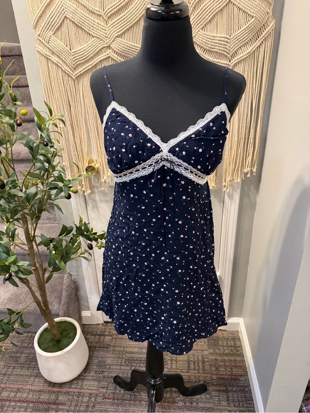 Hollister Navy Slip Dress with Pink Floral Print and White Lace Trim